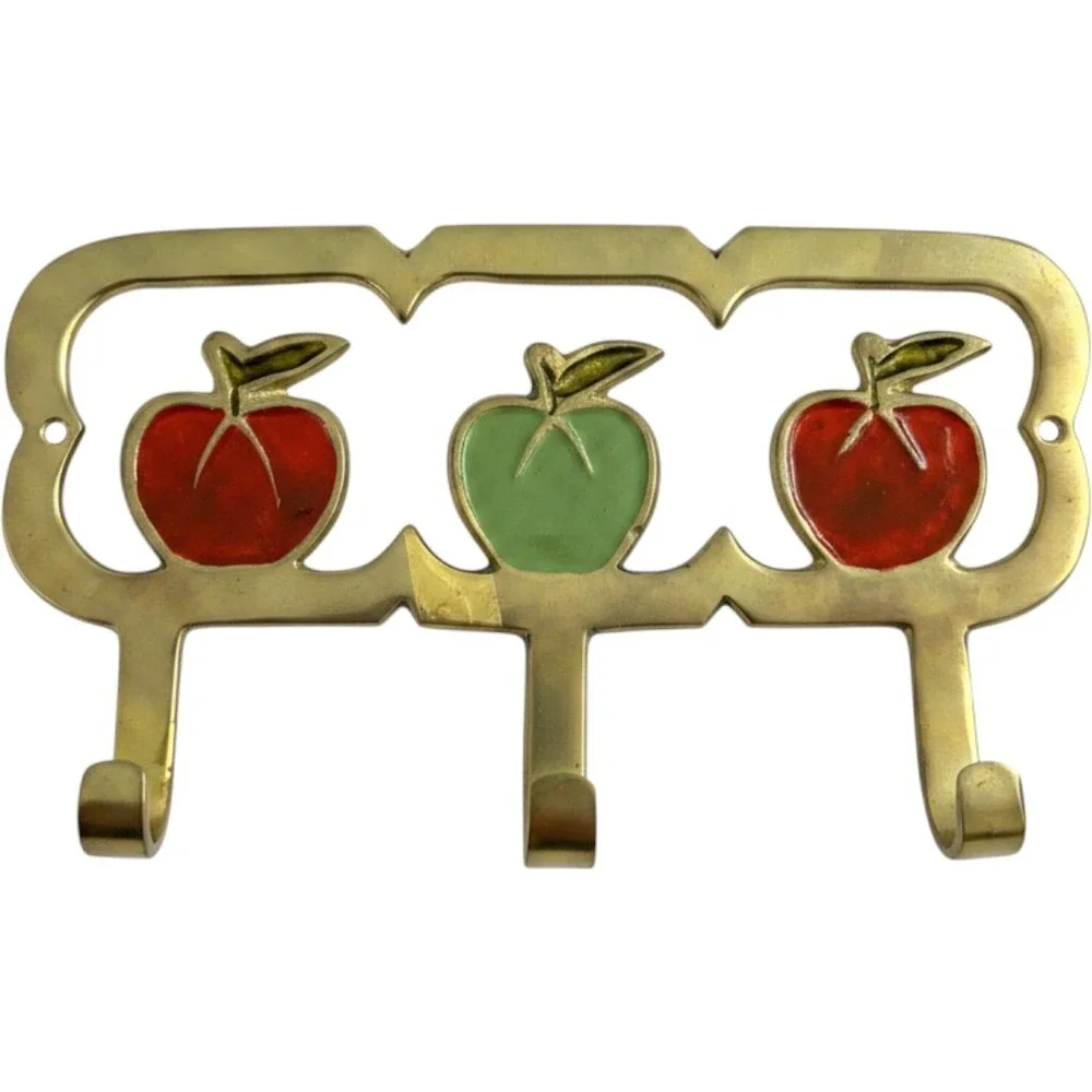 Vintage Brass Apple Wall Hook Rack 3 Hook Enameled Red Green Fruit Kitchen Decor